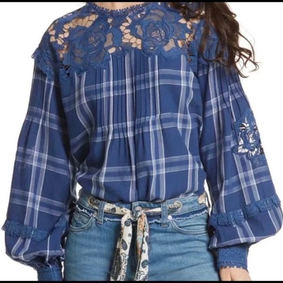 Free People Tops - Free People Plaid Lace Darling Diana Peasant Top Size Small Crotchet Detailed